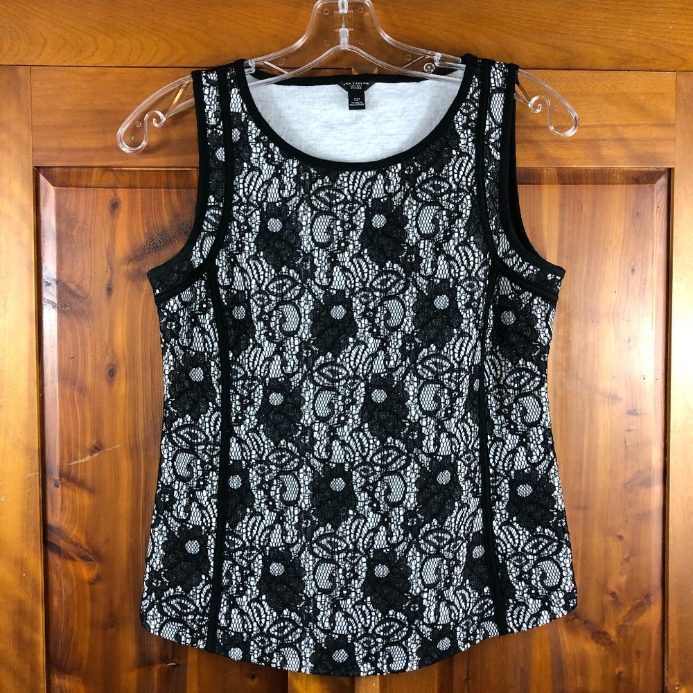 Ann Taylor Petite Black & White Lace Overlay Tank Top Whimsical Fairy Witchy